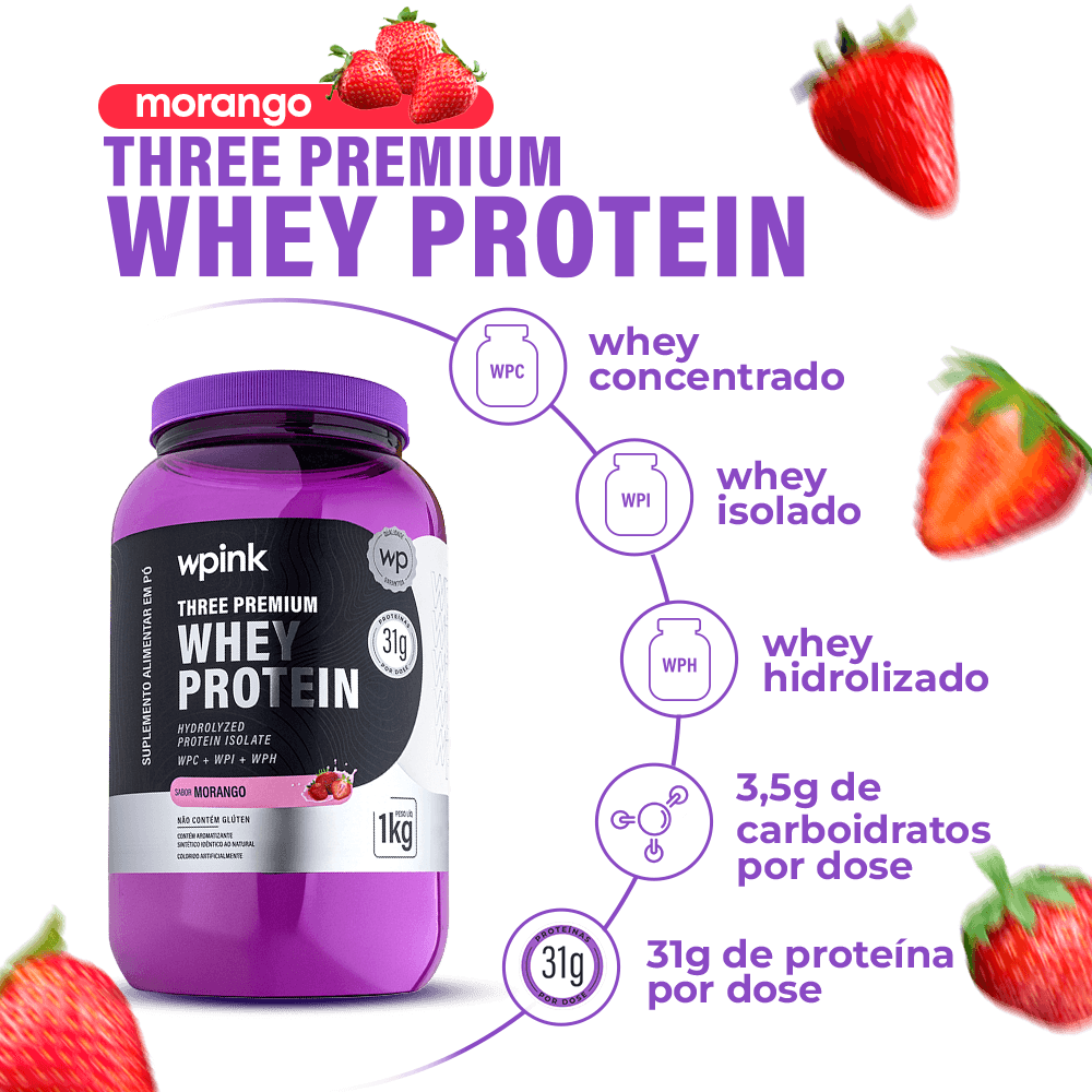 three premium whey protein morango 3w - (1kg) - wp - foto 2